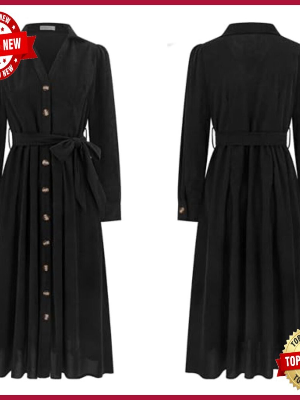 Corduroy Midi Dress with Pockets V Neck Button Down Belted Flowy Long Sleeve - Picture 5 of 6